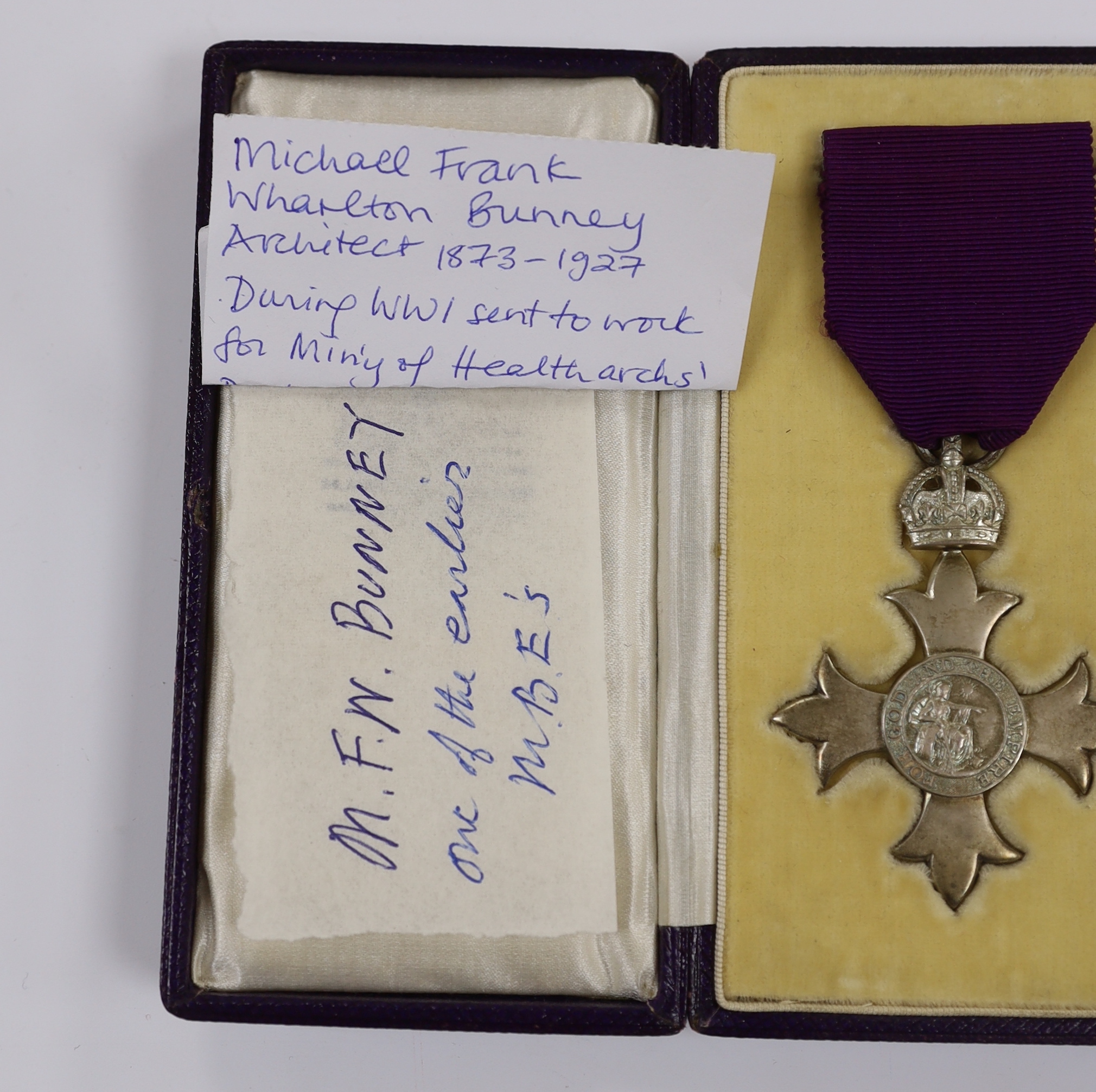 A cased George V Civil MBE, awarded in 1918 to M.F.W. Bunney (1873-1927) for architectural services in Scotland during the First World War